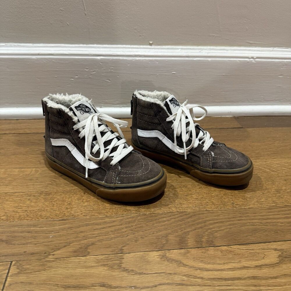 Vans Sk8-Hi Brown Faux Fur High Top Lace Up Zip Back Skater Sneakers Size 13Y